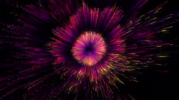 Explosión de partículas de color azul neón aisladas sobre fondo negro animación 3d de gotas brillantes salpicadura flujo abstracto explosión digital vibrante fuegos artificiales o estallido — Vídeo de stock