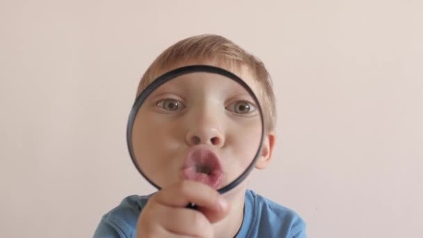 Vtipný malý chlapec se usmívá při pohledu přes lupu zvětšit tvář ústa zuby oči a nos — Stock video