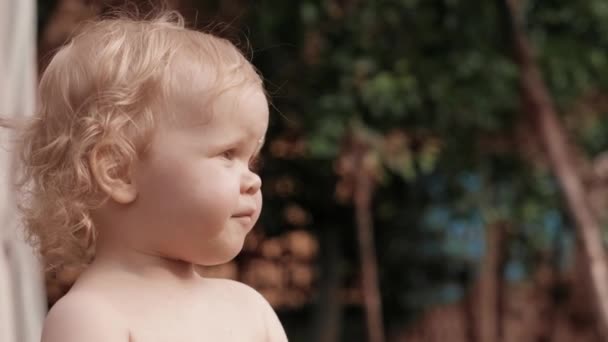 Funny little twins blonde cute baby with curly hair smiling spending time outdoor at countryside — Stock Video