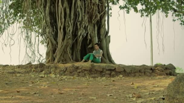 Flicka och banyan tree — Stockvideo