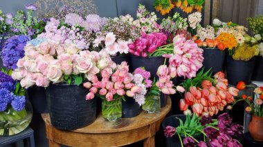 Çiçekçinin içinde siyah kovalarda sergilenen renkli taze çiçek çeşitleri. Laleler, güller, çiçek pazarında ahşap bir masa etrafında düzenlenmiş karışık bahar çiçekleri gibi çeşitli çiçekler. 