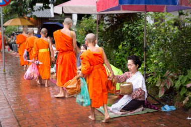 Luang Prabang, Laos - 9 Temmuz 2017: Luang Prabang, Lao 'daki insanlar sabah keşişlere yemek vererek erdem kazandılar.