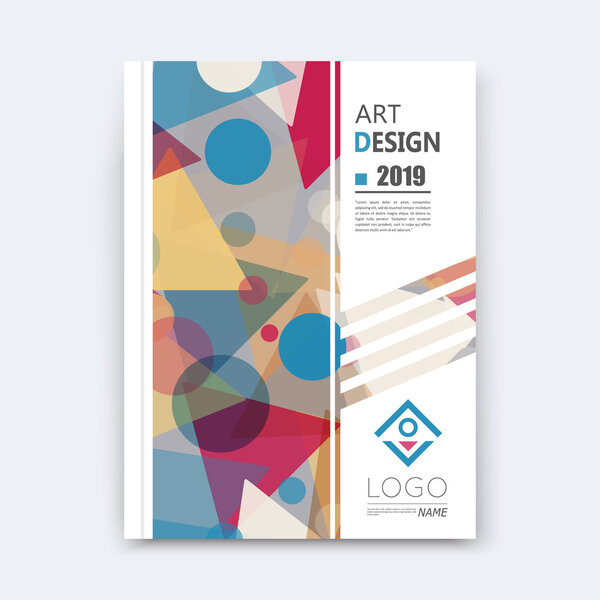 Abstract composition, patch font texture, yellow, red triangle, blue circle part construction, white a4 brochure title sheet, creative round figure icon, commercial firm logo, banner form, flier fiber