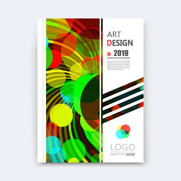 Abstracte samenstelling, patch lettertype textuur, geel, blauw, groen, rode cirkel deel bouw, witte A4 brochure titelblad, creatieve ronde figuur pictogram, commercieel bedrijf logo, banner vorm, Flier Fiber — Stockvector