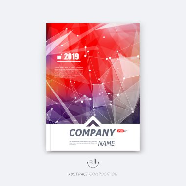 Soyut kompozisyon, kırmızı poligonal doku, üçgen parça yapımı, sibernetik nokta, çizgiler pleksus, a4 broşür başlık sayfası, yaratıcı şekil simgesi, kristal faset yüzey, afiş formu, el ilanı yazı tipi