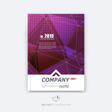 Soyut kompozisyon, mor poligonal doku, üçgen parça yapımı, sibernetik nokta, çizgi pleksus, a4 broşür başlık sayfası, yaratıcı şekil simgesi, kristal faset yüzey, afiş formu, el ilanı yazı tipi