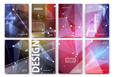 Abstract composition, pink polygonal texture, triangle part construction, cybernetic dots, lines plexus, a4 brochure title sheet, creative figure icon, crystal facets surface, banner form, flyer font
