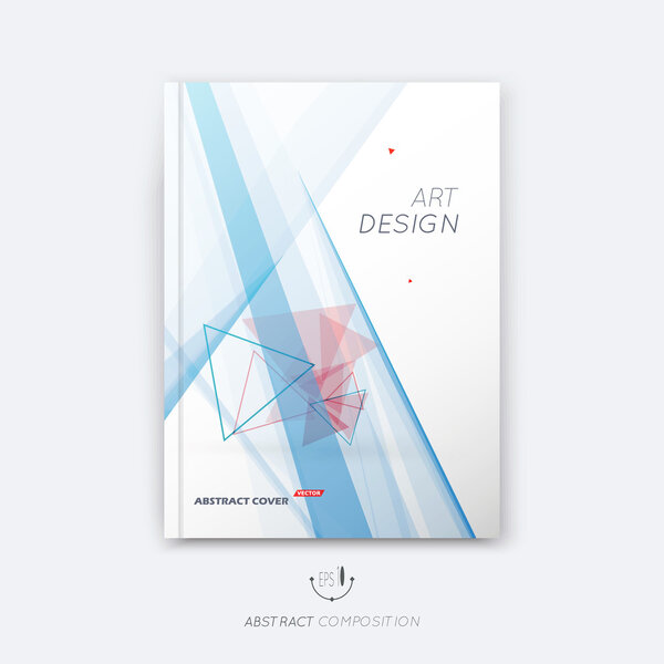 Abstract composition, red triangles font texture, blue stripe section surface, lines construction, white a4 brochure title sheet, creative figure vector art, commercial offer, banner form, flyer fiber