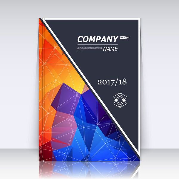 Abstract composition, patch multicolor polygonal texture, blue, orange triangle part construction, lines plexus, black a4 brochure title sheet, creative figure icon surface, banner form, flyer font
