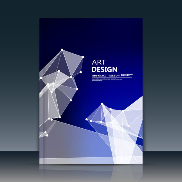 Abstract composition. Blue polygonal texture. Triangle part construction. Cybernetic dots, line plexus. A4 brochure title sheet. Creative figure icon. Crystal facets surface. Banner form. Flyer font.