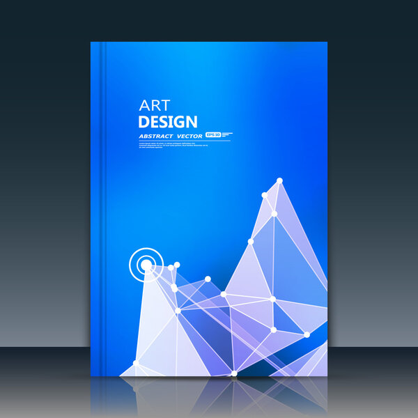 Abstract composition. Blue polygonal texture. Triangle part construction. Cybernetic dots, line plexus. A4 brochure title sheet. Creative figure icon. Crystal facets surface. Banner form. Flyer font.