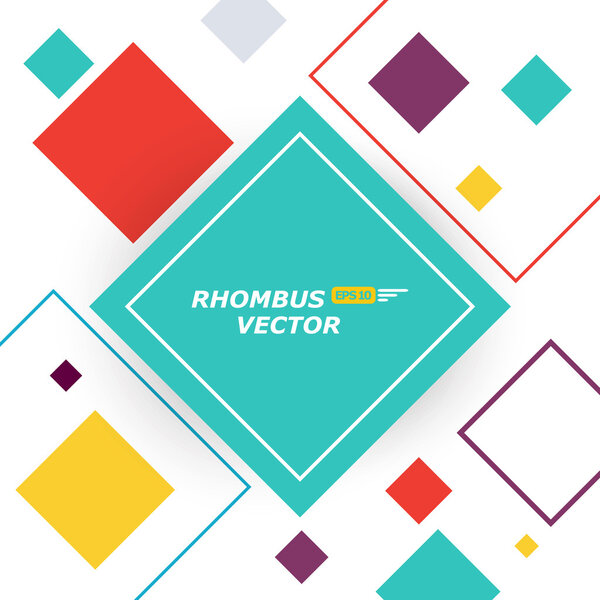 Abstract composition. Minimalistic fashion backdrop design. Colored rhombus figure icon. Green, yellow, red lozenges font texture. Creative white banner. Squares connection flyer fiber. Vector art.