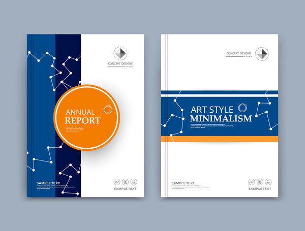 Abstract composition. Orange circle, blue square texture. Dots, lines, chain parts construction. White brochure title sheet. Creative figure icon surface. Box block section banner form. Ad flyer font.