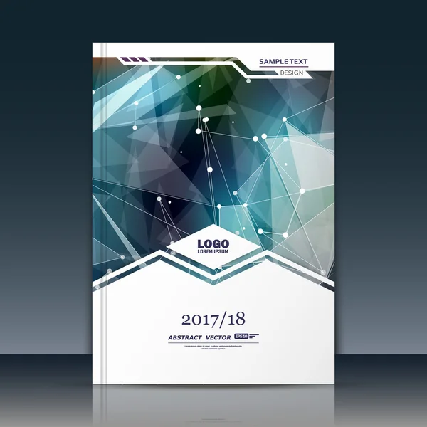 Abstract composition. Green texture. Triangle part construction. White cybernetic dots. Lines plexus. A4 brochure title sheet. Creative figure icon. Crystal facets surface. Banner form, flyer font Stock Vector