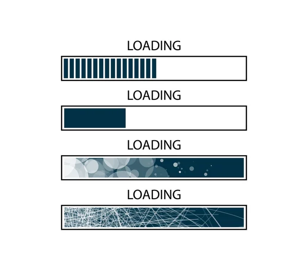 Composizione astratta. Icona elemento barra di caricamento. Creativo web design scaricare timer. Indicatore di completamento utenti. Sfondo nero, oggetti bianchi. Caricamento simbolo di velocità. Avanzamento pagina Internet, media digitali — Vettoriale Stock