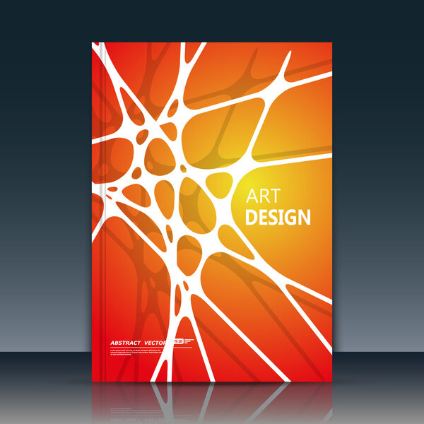 Abstract composition. White line font texture. Interlocking section trademark construction. Red, orange a4 brochure title sheet. Creative figure logo icon. Commercial offer banner form. Ad flyer fiber