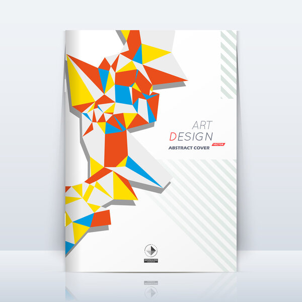 Abstract composition. Patch triangle. Brown, yellow, blue colored section trademark. White a4 brochure title sheet. Creative logo icon. Commercial offer banner form. Ad flyer fiber. Headline element