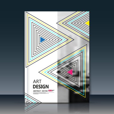 Soyut a4 broşür kapağı tasarımı. Resim metin çerçevesi yüzeyi. Yama başlık sayfası modeli. Yaratıcı vektör ön sayfası. Reklam formu dokusu. Kırmızı, mavi, sarı üçgen şekil simgesi. Beyaz, gri el ilanı fiber yazı tipi
