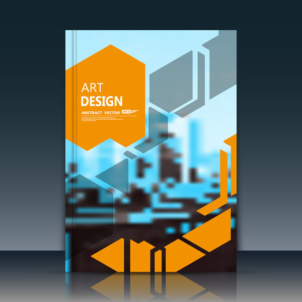 Abstract a4 brochure cover design. Art text frame surface. Patch title sheet model. Creative vector front page. Ad form texture. Orange, grey triangle, arrow lones figure icon. Blue flyer fiber font