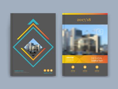 A4 broşür kapak tasarlamak. Metin çerçevesi yüzey. Kentsel şehir görünümü yazı tipi. Siyah başlık sayfası modeli. Vektör ön sayfa. Reklam banner doku. Mavi kare şekil, sarı yatay çizgi simgesi. El ilanı lif