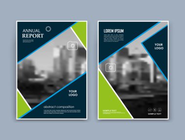 Soyut a4 broşür kapağı tasarımı. Metin çerçevesi yüzeyi. Kentsel şehir görünümü yazı tipi. Başlık sayfası modeli. Vektör ön sayfası. Reklam afiş iã§in dolaÅ Ä±m. Yeşil, mavi üçgen şekil simgesi. Kare görüntü bloğu. Uçucu lif