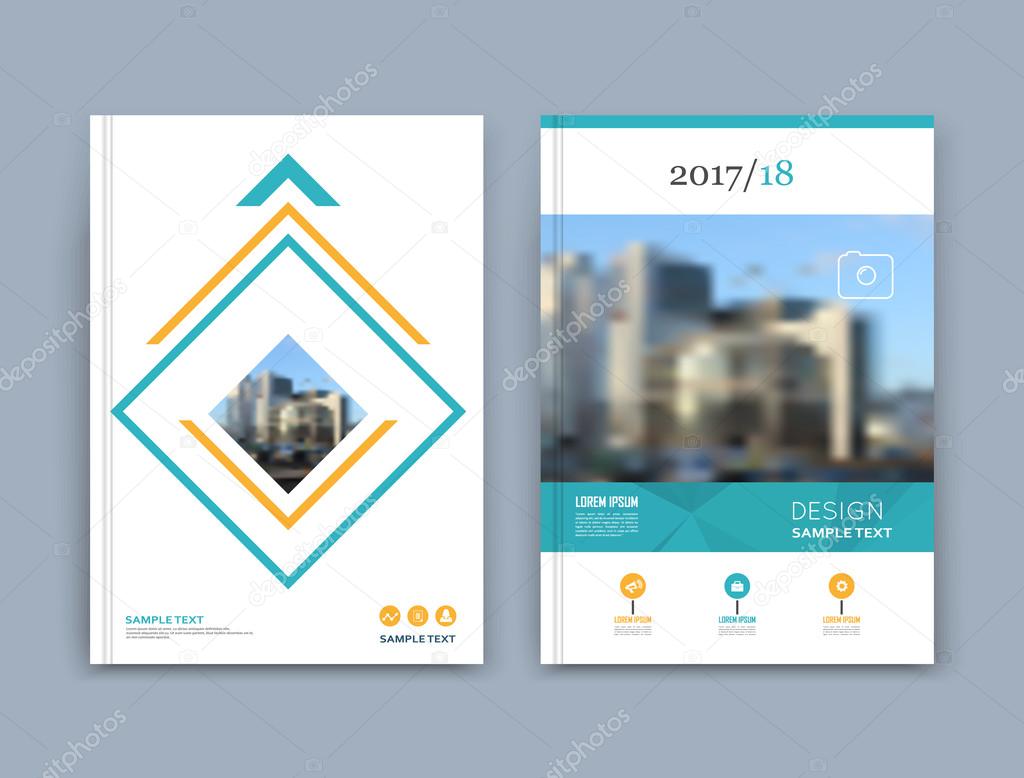 Abstract a4 brochure cover design. Text frame surface. Urban city view font. White title sheet model. Vector front page. Ad banner texture. Yellow square figure, blue horizontal line icon. Flyer fiber