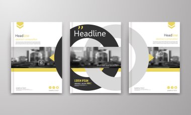 Abstract a4 brochure cover design. Ad text frame. Urban city view font. Title sheet model. Modern vector front page. Brand logo. Banner texture. Black, white ring figure, yellow line icon. Flyer fiber
