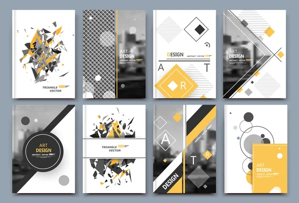 Abstract a4 brochure cover design. Text frame surface. Urban city view font. Title sheet model. Creative vector front page. Brand logo ad banner texture. Yellow round, square figure icon. Flyer fiber — Stock Vector