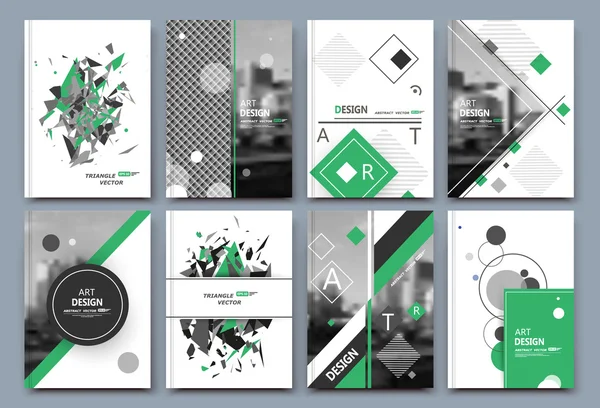 Abstract a4 brochure cover design. Text frame surface. Urban city view font. Title sheet model. Creative vector front page. Brand logo. Ad banner texture. Green round, square figure icon. Flyer fiber — Stock Vector