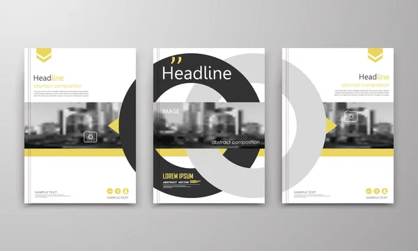 Abstract a4 brochure cover design. Ad text frame. Urban city view font. Title sheet model. Modern vector front page. Brand logo. Banner texture. Black, white ring figure, yellow line icon. Flyer fiber — Stock Vector