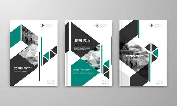 Abstract a4 brochure cover design. Text frame surface. Urban city view font. Title sheet model. Modern vector front page. Brand logo. Ad banner texture. Green triangle, arrow figure icon. Flyer fiber — Stock Vector