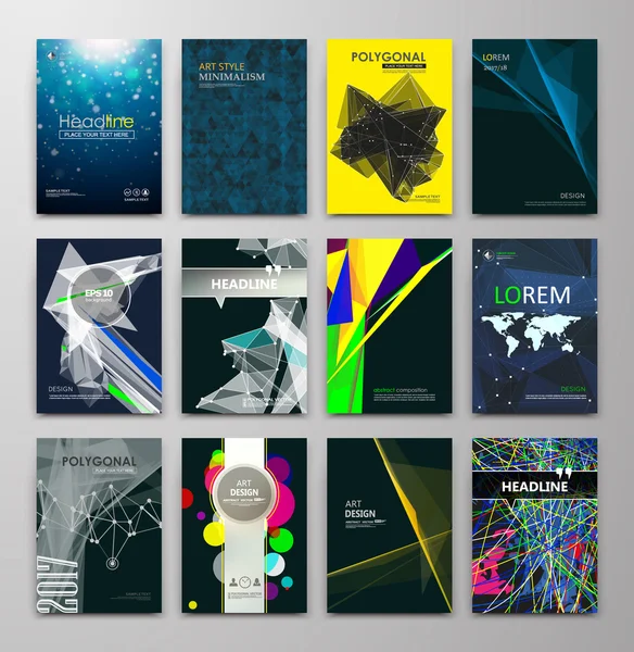 Abstract composition. Text frame surface. Black, yellow, blue a4 brochure cover design. Title sheet model set. Polygonal space icon. Modern vector front page. Ad banner form texture. Flier fiber font Royalty Free Stock Vectors