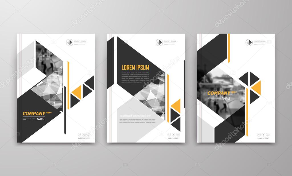 Abstract a4 brochure cover design. Text frame surface. Urban city view font. Title sheet model. Modern vector front page. Brand logo. Ad banner texture. Yellow triangle, arrow figure icon. Flyer fiber