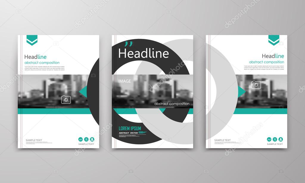 Abstract a4 brochure cover design. Ad text frame. Urban city view font. Title sheet model. Modern vector front page. Brand logo. Banner texture. Black, white ring figure, green line icon. Flyer fiber