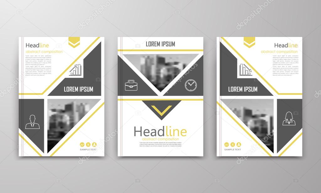 Abstract a4 brochure cover design. Text frame surface. Urban city view font. Title sheet model. Modern vector front page. Brand logo. Ad banner texture. Yellow triangle, arrow figure icon. Flyer fiber