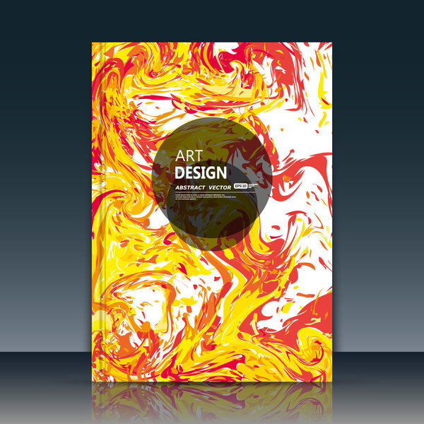 Abstract a4 brochure title sheet, swirl text frame icon, stain blotch deco, creative grunge figure, logo sign, paint blob, yellow, red, orange curve lines, firm banner form, blur blot, flier fashion, daily periodical issue fancy EPS10 illustration