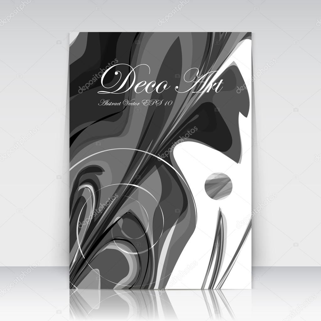 Abstract a4 brochure title sheet, swirl text frame icon, stain loop blotch deco, daily periodical issue, trademark emblem, helix gyre figure, logo sign, paint blob, black, white curve lines, firm banner form, blur blot, flier fashion, fancy EPS10