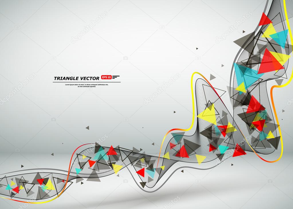 Abstract composition, text frame, flying triangle curve line icon, red, yellow, blue figure construction, white backdrop, interlocking band weave, startup screen saver, technological surface, flier fashion, daily periodical issue, EPS10 illustration
