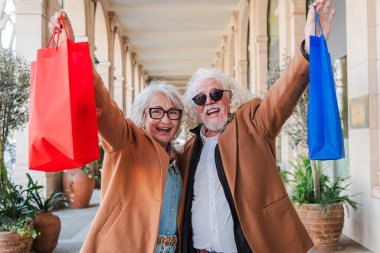 Delighted senior couple joyfully raising bright shopping bags in a cheerful display of happiness, enjoying their time together while embracing the thrill of shopping and celebrating life, love, and