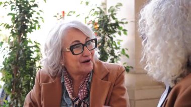 Birbirine eşlik eden iki yaşlı kadın bir kafede hoş bir sohbete dalmış, gülümsemeleriyle dostluk ve samimiyet gösteriyorlar ve kahkahalarını paylaşıyorlar..