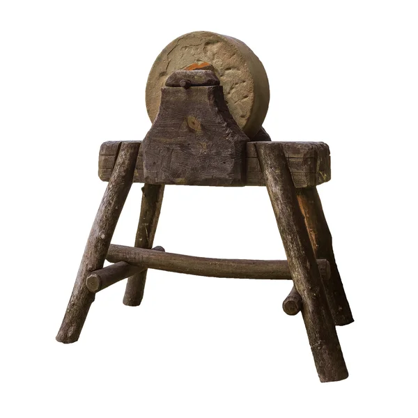 Meule circulaire sur pied en bois sérieux. Outil de travail très vintage . — Photo