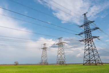 Mavi gökyüzü ve yeşil çayırlar üzerindeki elektrik direkleri..
