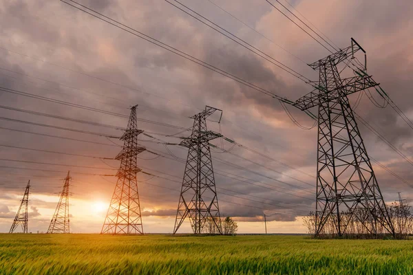 Líneas Eléctricas Alto Voltaje Que Pasan Través Campo Verde Fondo —  Fotos de Stock