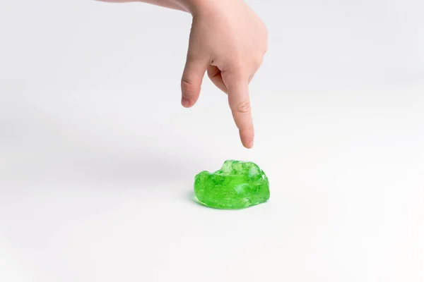 Toy Slime Hand Child Light Background Child Plays Mucus Develops — Stock Photo, Image