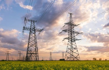 Elektrik hatları ve yüksek gerilim hatları yaz günü yağlı tohumlarla yapılan tecavüzün arka planına karşı. Yeşil enerji.