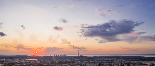 Panorama Paisaje Industrial Atardecer Central Térmica Atardecer Vista Aérea —  Fotos de Stock