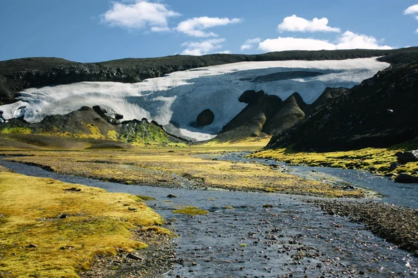 Paisagem com musgo, rio e neve na Islândia. Turismo de montanha — Fotografia de Stock