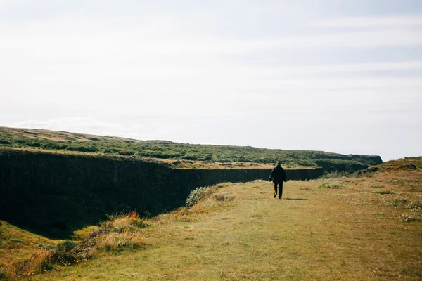 Ensam man gå på det isländska landskapet Stockbild