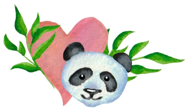 Pembe Kalp Yeşil Bambu Dalı Panda Surat — Stok fotoğraf
