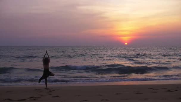 Jeune belle femme faisant du yoga sur la plage de vacances au coucher du soleil - vrksasana (pose d'arbre) - ralenti — Video